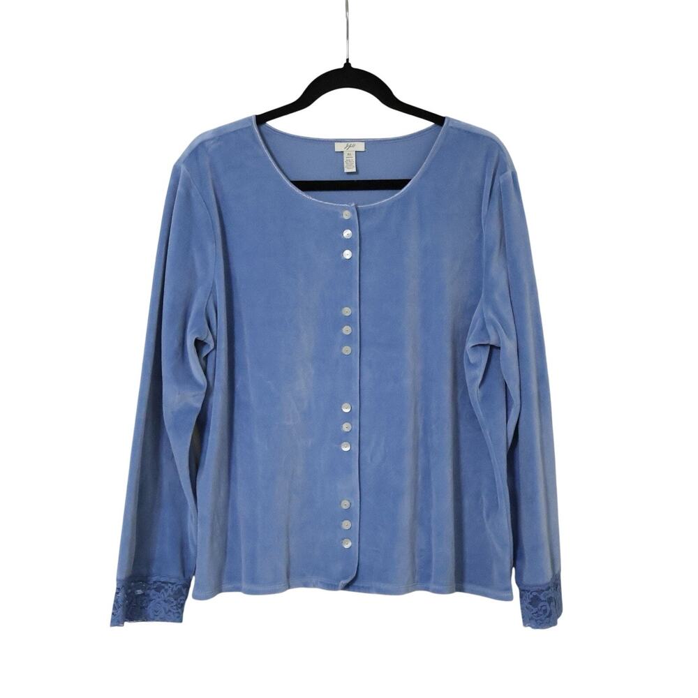 Vintage J. Jill Blue Velour Button Front Lace Top XL Coquette Cottagecore Granny